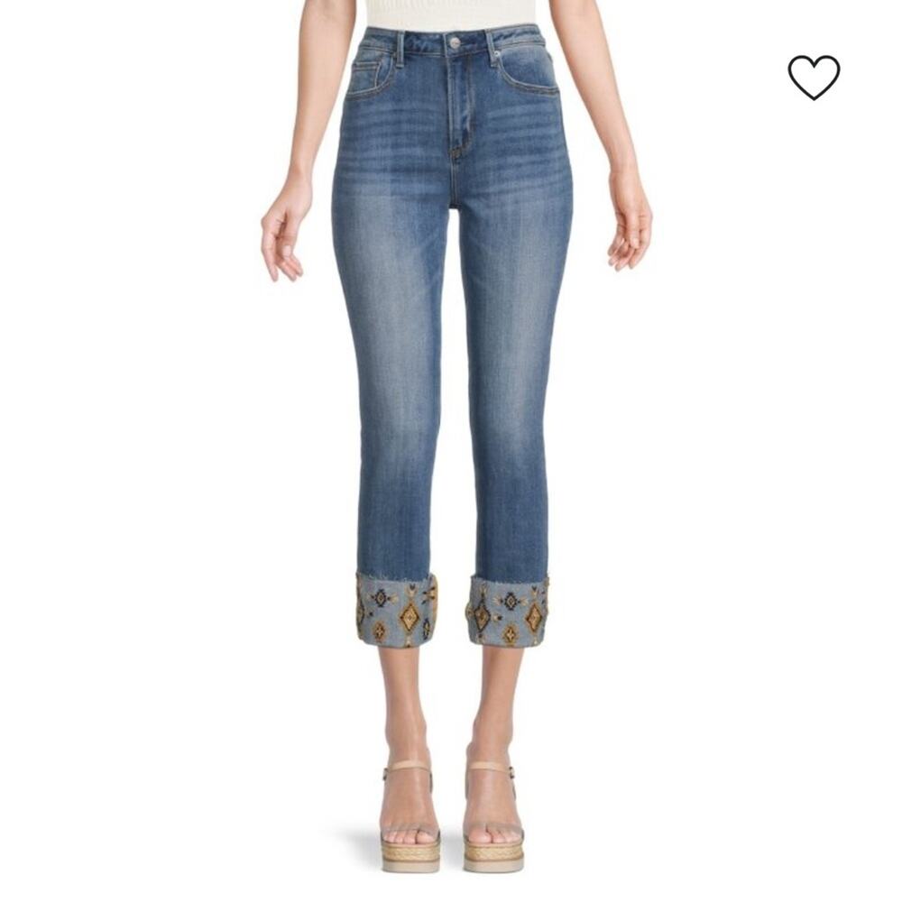 DRIFTWOOD Colette Skinny Cropped Jeans Aztec embroidered cuff sz 28